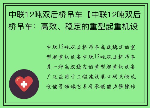 中联12吨双后桥吊车【中联12吨双后桥吊车：高效、稳定的重型起重机设备】